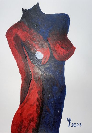 Feuriger Akt Ein abstraktes Kunstwerk mit einer stilisierten Frauenfigur in rot und schwarz.