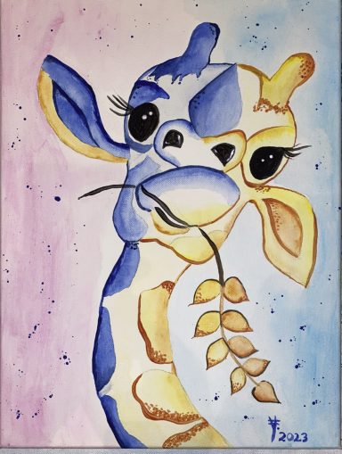Giraffe 2 Bunte Aquarellzeichnung einer Giraffe, die freudig ein Blatt hält.
