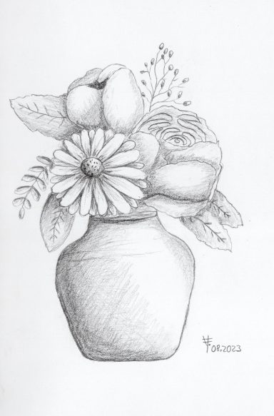 Blumenstrauß Vase mit verschiedenen Blumen, darunter eine Rose und eine Gerbera, skizziert.