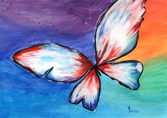 Schmetterling Bunte Schmetterlingsillustration mit kräftigen Farben auf einem gemalten Hintergrund.