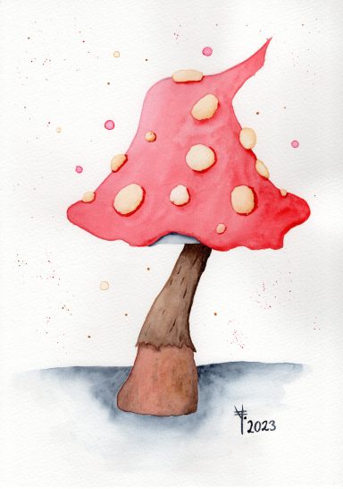 Kindlicher Fliegenpilz Rote Pilze mit gelben Punkten und braunem Stamm auf weißem Hintergrund.
