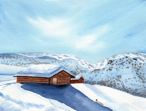 Eingeschneite Alm Eine verschneite Landschaft mit einer Holzhütte und schneebedeckten Bergen im Hintergrund.